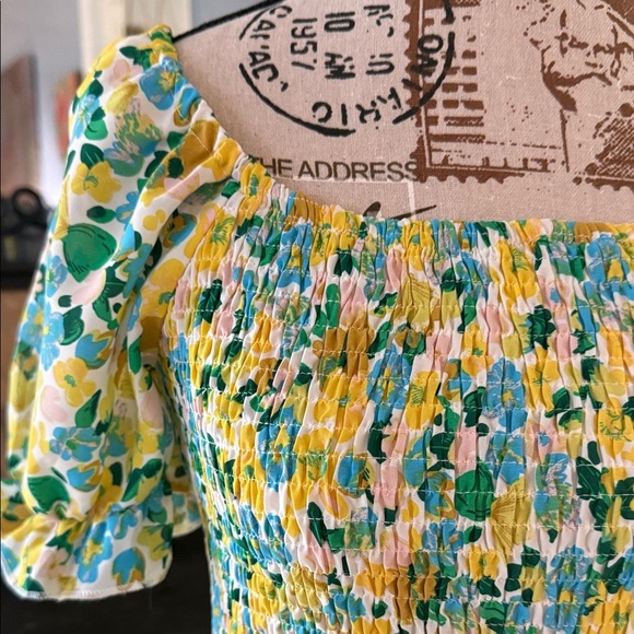 Kirundo Blue and Yellow Floral Print Smocked Puff Sleeve Off Shoulder Dress - Picture 4 of 14